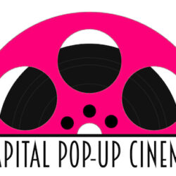 A graphic image of half of a old fashioned film reel in pink and black, with the name Capital Pop-Ip Cinema underneath