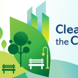 A designed image with trees, benches and lightposts to promote Cleaning the Capital