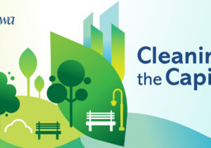 A designed image with trees, benches and lightposts to promote Cleaning the Capital