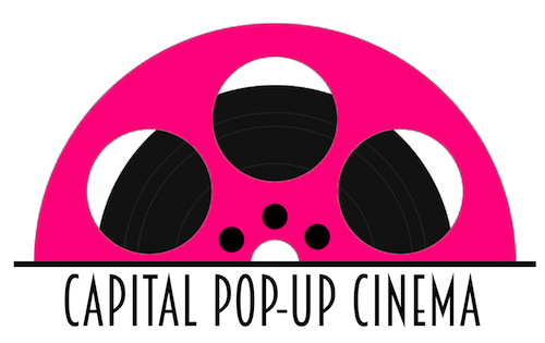 A graphic image of half of a old fashioned film reel in pink and black, with the name Capital Pop-Ip Cinema underneath