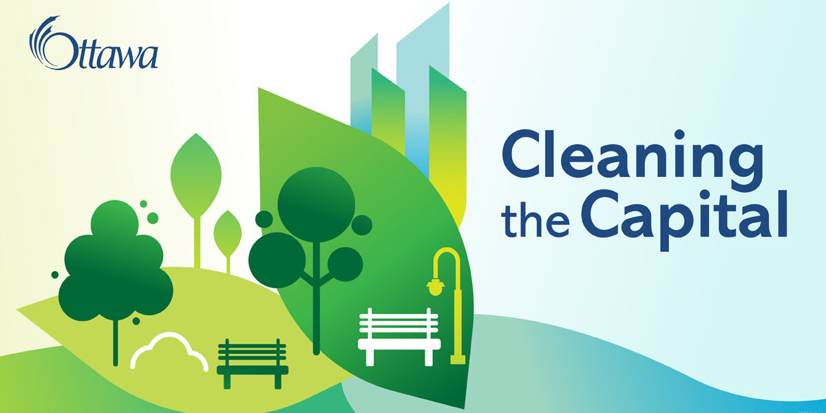 A designed image with trees, benches and lightposts to promote Cleaning the Capital