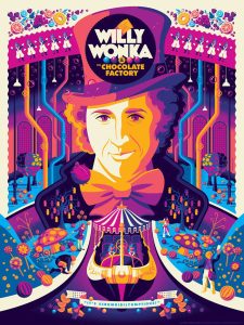 Drawn image of man in top hat with purple background and boat in purple water, with the words Willy Wonka in the hat